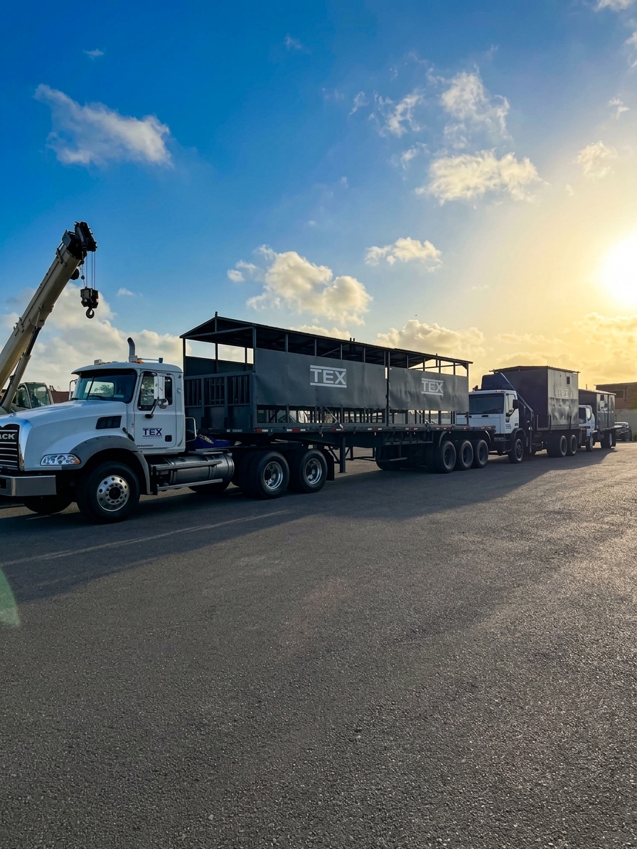Transporte de módulos de comedores y vestidores en batea Mack - TEX C.A.